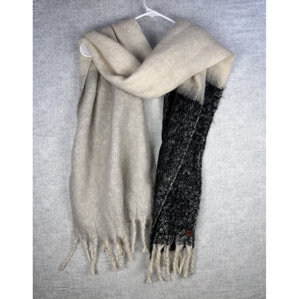 Lucky Brand Blanket Scarf Womens One Size 2 Tone Black Grey Fringe 16”x 36”
